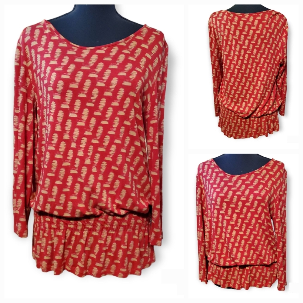 CHICOS womens size 1 (M 8) red with tan details elastic waist /hip blouse top